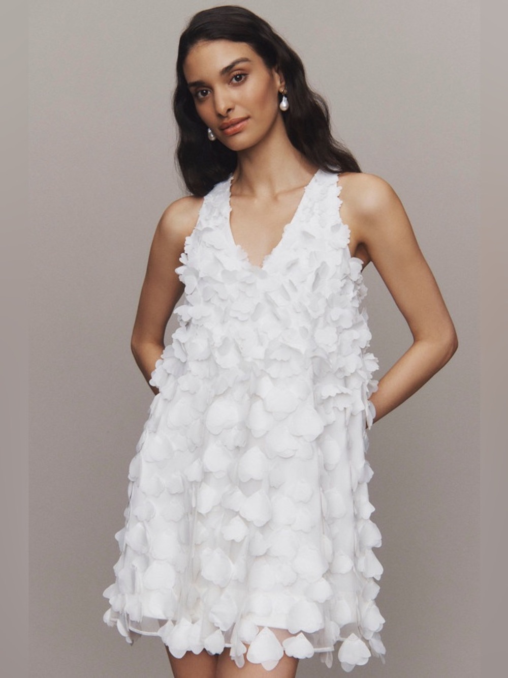 BHLDN White 3D Petal V-Neck Mini Dress